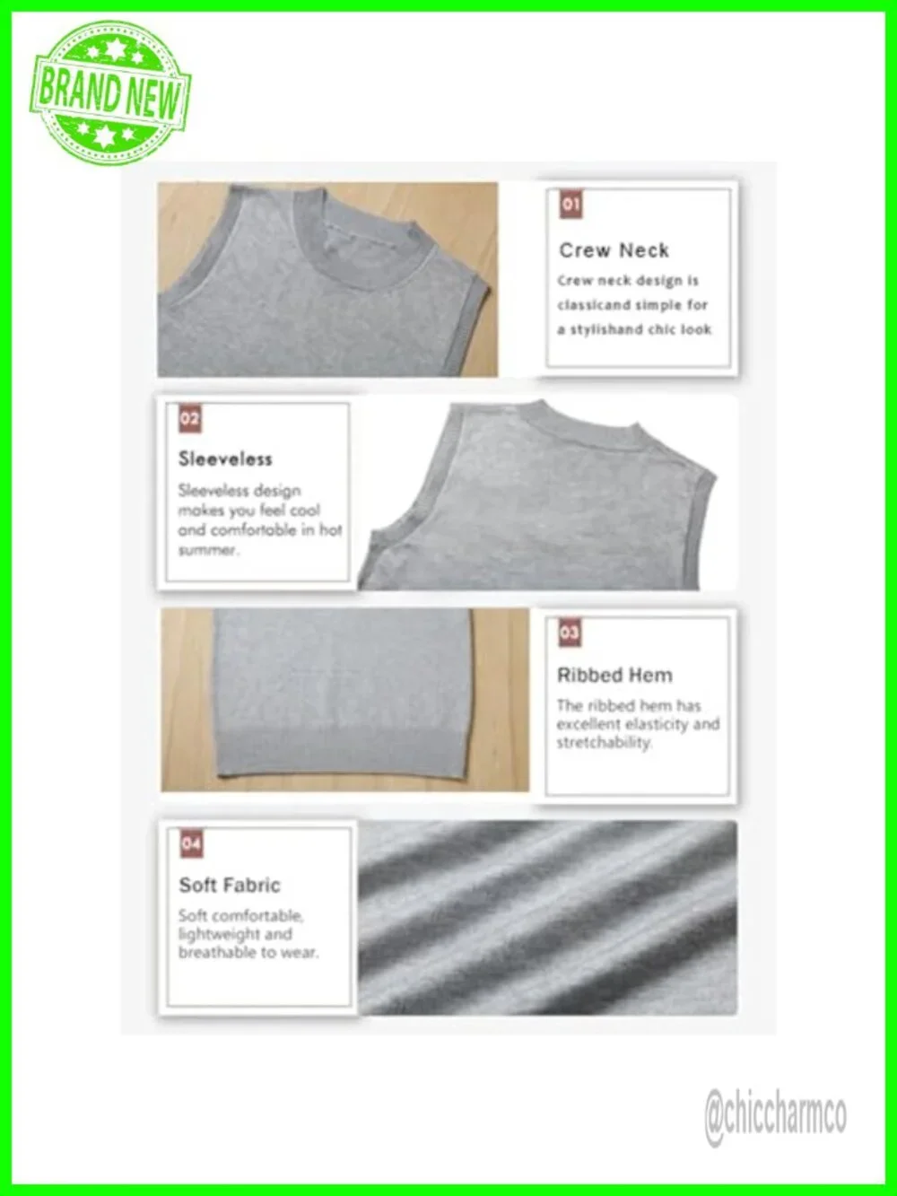 Women's Sleeveless Ribbed Knit Sweater Vest Crew Neck Pullover Tank Top